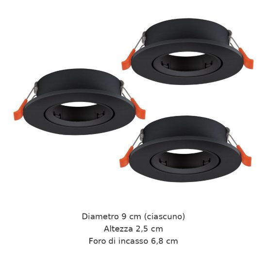 Eglo barranco gu10 set 3 faretti da incasso per cartongesso orientabili foro 6,8cm nero