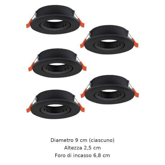 Eglo barranco gu10 set 5 faretti da incasso per cartongesso orientabili foro 6,8cm nero