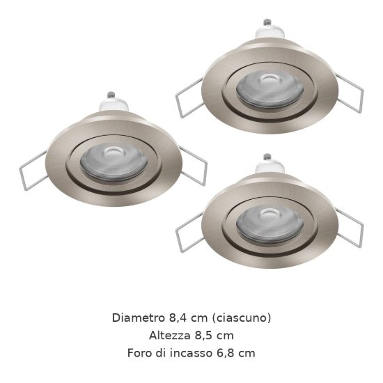 Eglo barranco gu10 set 3 faretti da incasso per cartongesso orientabili led 3x4,5w 3000k ip44 foro 6,8cm nichel opaco