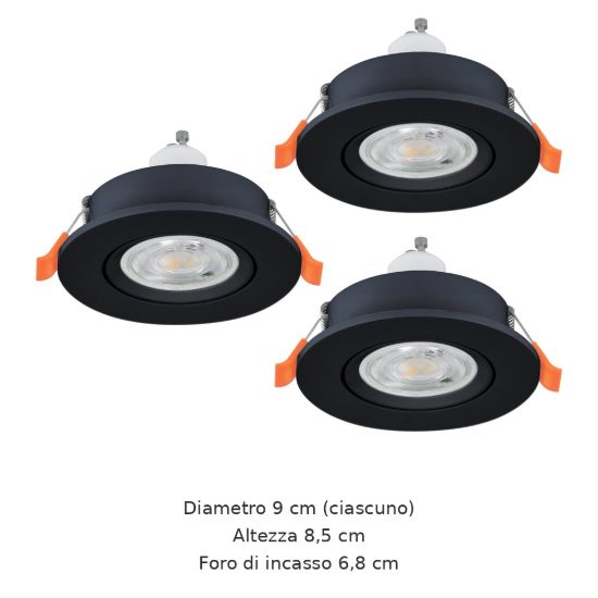 Eglo barranco gu10 set 3 faretti da incasso per cartongesso orientabili led 3x4,5w 3000k foro 6,8cm nero