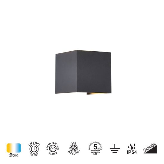 Applique cubo da esterno led 2700k ip54 dimmerabile 10cm grigio scuro