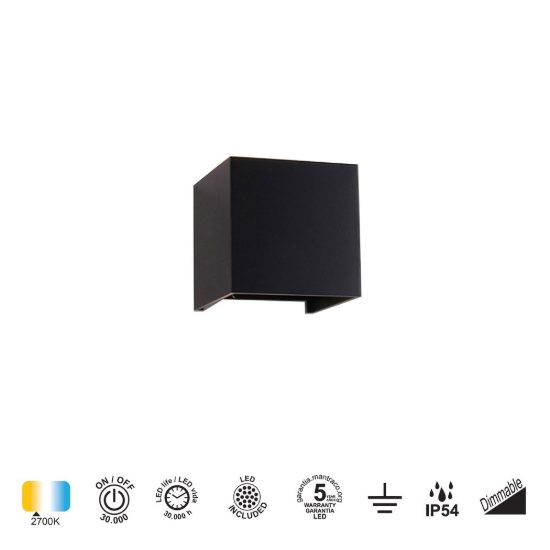Applique cubo da esterno moderna nera led 12w 2700k ip54 dimmerabile