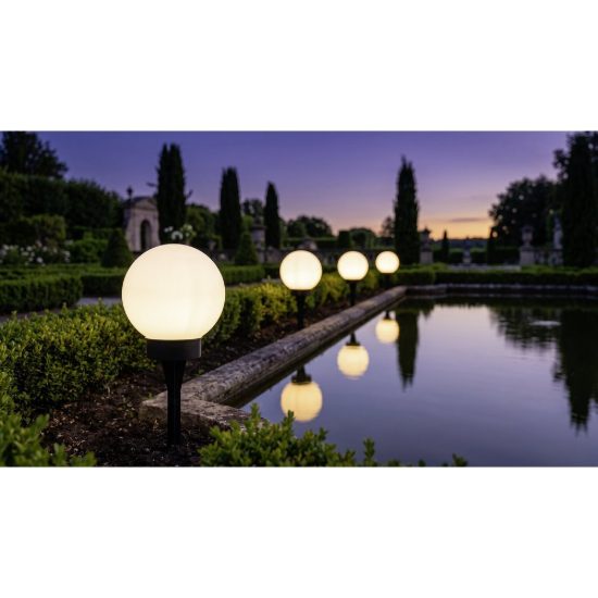 Eglo puglia lampada solare da giardino a sfera led 0,2w 3000k 20cm ip44 con picchetto moderna nera e bianca