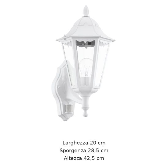 Eglo navedo applique da esterno 20cm ip44 classica a lanterna verso l'alto bianca con sensore di movimento