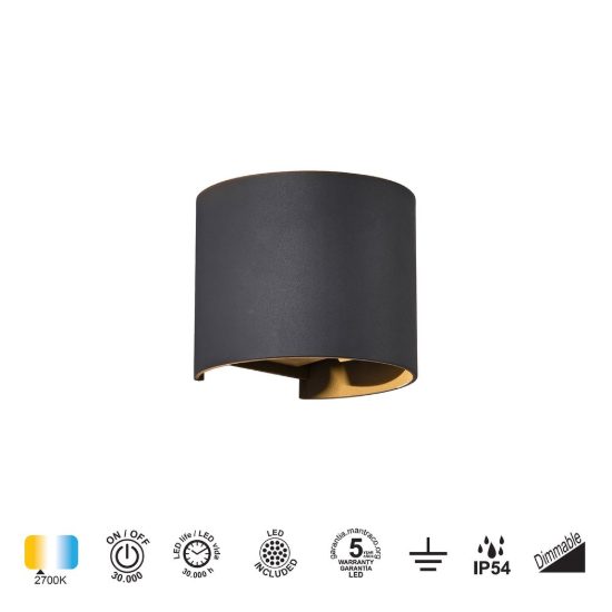 Applique da esterno moderna nera led 12w 2700k ip54 dimmerabile 14cm