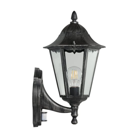 Eglo navedo applique da esterno 20cm ip44 classica a lanterna verso l'alto nera e argento patinato con sensore di movimento