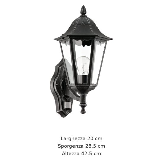 Eglo navedo applique da esterno 20cm ip44 classica a lanterna verso l'alto nera e argento patinato con sensore di movimento