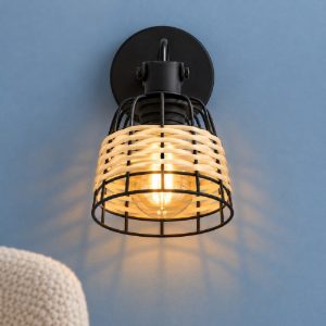 Eglo anwick 1 applique con faretto e27 orientabile 14cm per corridoio rustica nera con paralume in rattan