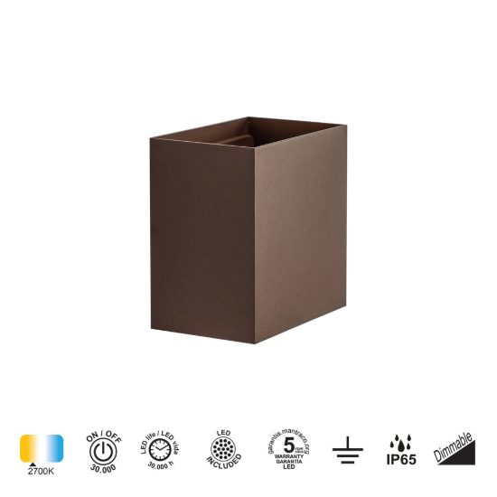Applique da esterno cubo corten led 2700k ip65 dimmerabile 15cm