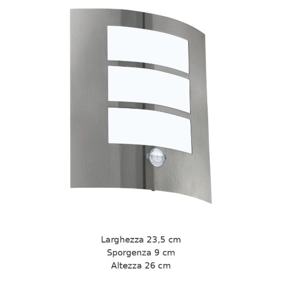 Eglo city applique da esterno 23,5cm ip44 moderna rettangolare a tre fasce acciaio inox con sensore di movimento
