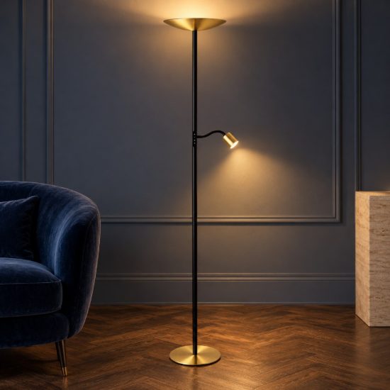 Eglo conivarino piantana led 30,5w 2700k 170cm dimmerabile per soggiorno moderna ottone e nera