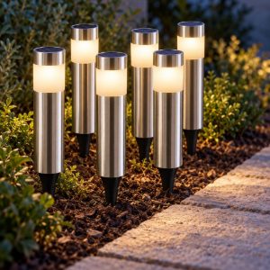 Eglo rosalba 1 set 6 lampade solari da giardino led 6x0,1w 28cm ip44 moderne acciaio inox