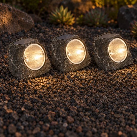 Eglo stazzone set 3 lampade solari da giardino a sasso led 3x0,2w 13,5cm ip44 moderne grigie