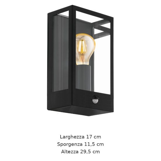 Eglo alamonte applique da esterno 17cm ip44 moderna rettangolare nera con sensore di movimento