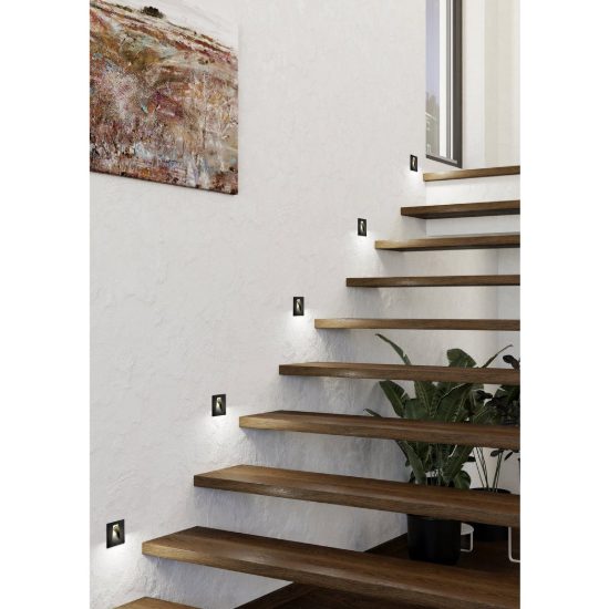 Eglo mecinos segnapasso da incasso a parete led 2w 3000k per scala foro 6,5cm quadrato nero