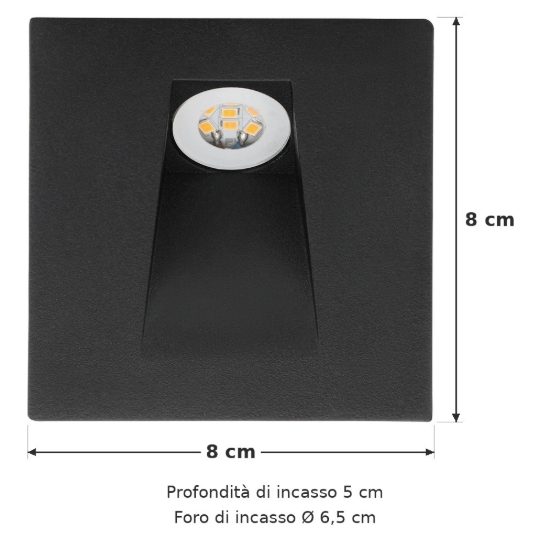 Eglo mecinos segnapasso da incasso a parete led 2w 3000k per scala foro 6,5cm quadrato nero