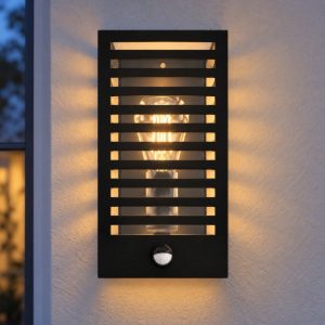Applique da esterno per veranda metallo nero ip44 sensore di movimento e crepuscolare e27