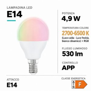 Eglo connect z lampadina sferica led 4.9w rgb 2700k 6500k e14 dimmerabile