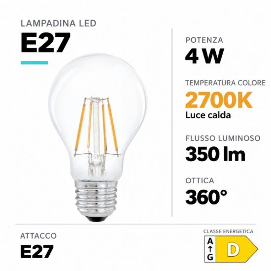 Eglo lampadina led e27 4w 2700k a goccia trasparente a filamento equivalente 32w
