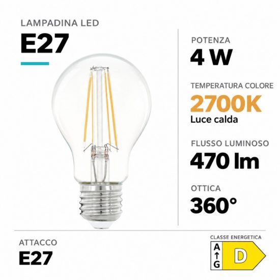 Eglo lampadina led e27 4w 2700k a goccia trasparente a filamento equivalente 40w