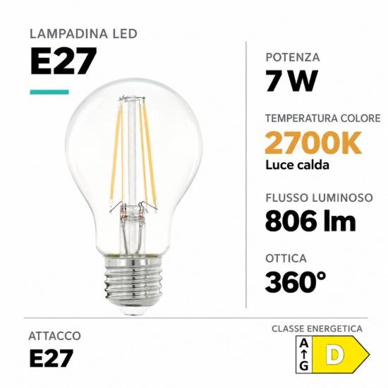 Eglo lampadina led e27 7w 2700k a goccia trasparente a filamento
