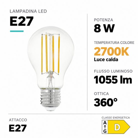 Eglo lampadina led e27 8w 2700k a goccia trasparente a filamento