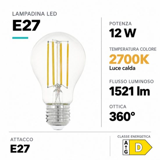Eglo lampadina led e27 12w 2700k a goccia trasparente a filamento