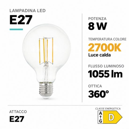 Eglo lampadina led e27 8w 2700k a globo trasparente 9,5cm a filamento