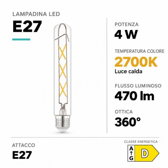 Eglo lampadina led e27 4w 2700k tubolare trasparente a filamento