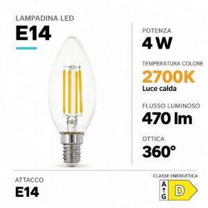 Eglo lampadina led e14 4w 2700k a candela trasparente h12cm a filamento equivalente 40w