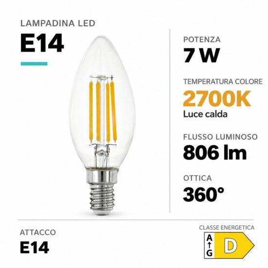 Eglo lampadina led e14 7w 2700k a candela trasparente h9,8cm a filamento