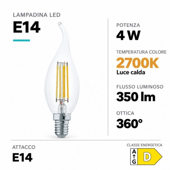 Eglo lampadina led e14 4w 2700k a candela trasparente h12cm a filamento equivalente 32w