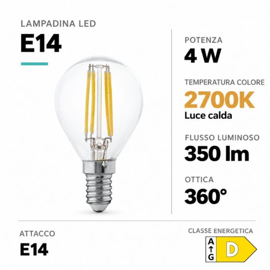 Eglo lampadina led e14 4w 2700k a sfera trasparente a filamento equivalente 32w