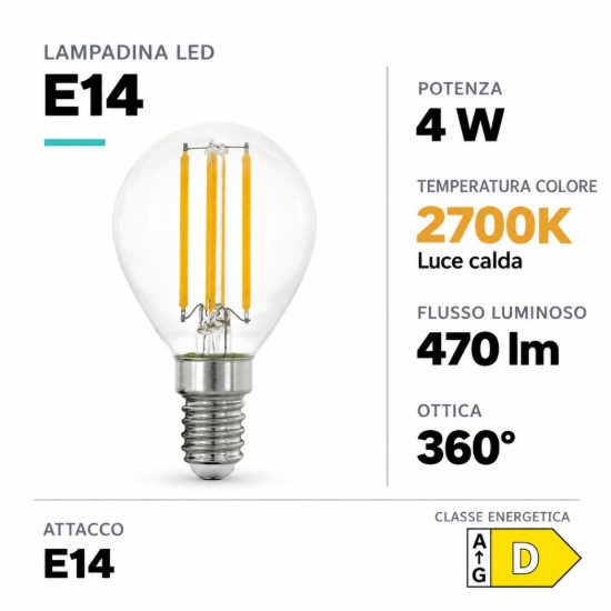Eglo lampadina led e14 4w 2700k a sfera trasparente a filamento equivalente 40w