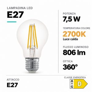 Eglo lampadina led e27 7,5w 2700k a goccia trasparente a filamento dimmerabile
