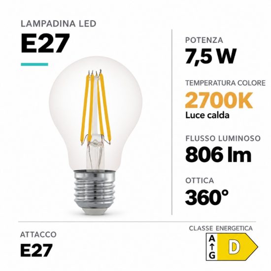 Eglo lampadina led e27 7,5w 2700k a goccia trasparente a filamento dimmerabile