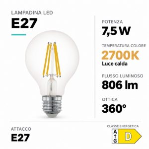 Eglo lampadina led e27 7,5w 2700k a globo trasparente 8cm a filamento dimmerabile