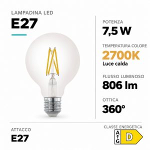 Eglo lampadina led e27 7,5w 2700k a globo trasparente 9,5cm a filamento dimmerabile