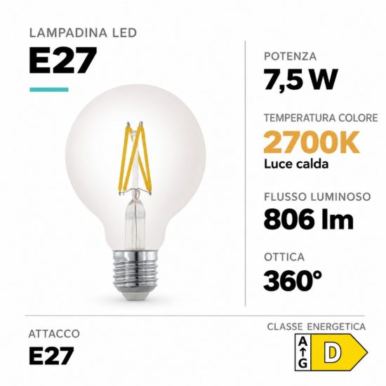Eglo lampadina led e27 7,5w 2700k a globo trasparente 9,5cm a filamento dimmerabile