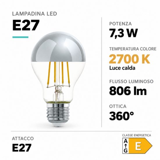 Eglo lampadina led e27 7,3w 2700k a goccia trasparente e cromata a filamento
