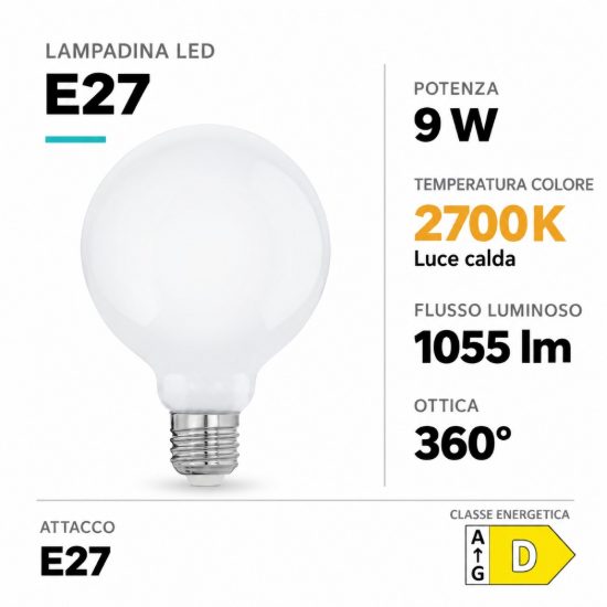 Eglo lampadina led e27 9w 2700k a globo opalina 9,5cm