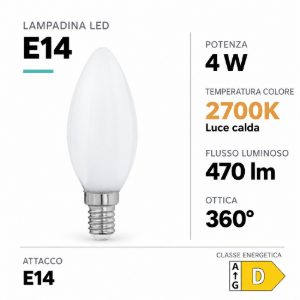 Eglo lampadina led e14 4w 2700k a candela opalina h9,8cm