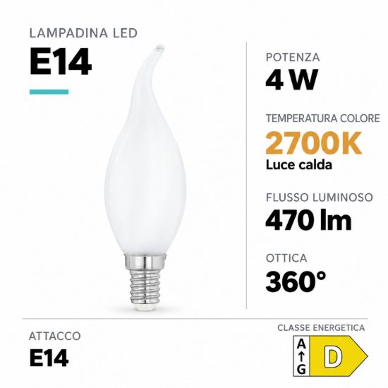 Eglo lampadina led e14 4w 2700k a candela opalina h12cm