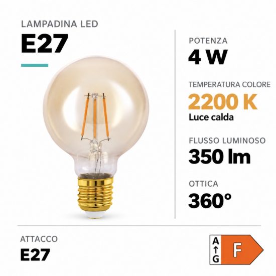 Eglo lampadina led e27 4w 2200k a globo ambrata 9,5cm a filamento