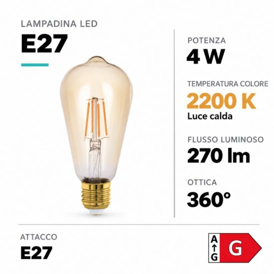 Eglo lampadina led e27 4w 2200k a oliva ambrata 4,8cm a filamento
