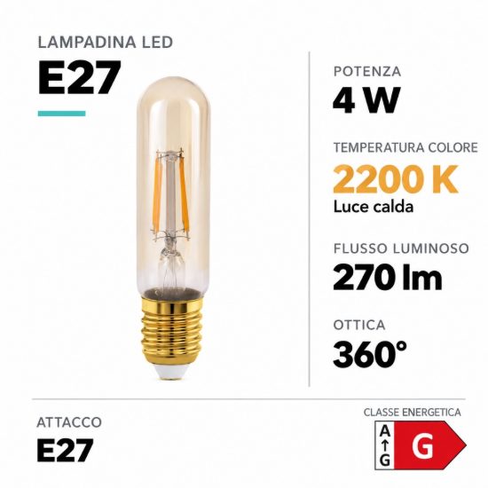 Eglo lampadina led e27 4w 2200k tubolare ambrata 3,2cm a filamento