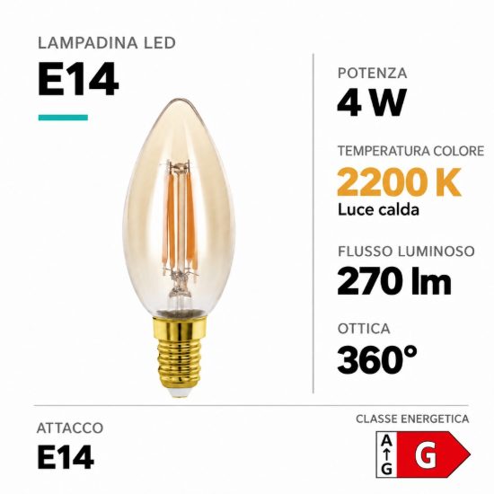 Eglo lampadina led e14 4w 2200k a candela ambrata h9,8cm a filamento