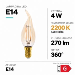 Eglo lampadina led e14 4w 2200k a candela ambrata h12cm a filamento