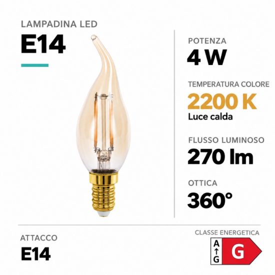 Eglo lampadina led e14 4w 2200k a candela ambrata h12cm a filamento