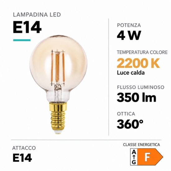 Eglo lampadina led e14 4w 2200k a globo ambrata a filamento